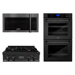 ZLINE Kitchen Package with 30 in. Black Stainless Steel Rangetop, 30 in. Over The Range Microwave with Traditional Handle and Double Wall Oven (3KP-RTBOTRH30-AWD)