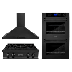 ZLINE Kitchen Package with 30 in. Black Stainless Steel Rangetop, 30 in. Convertible Range Hood and Double Wall Oven (3KP-RTBRH30-AWD) main image.