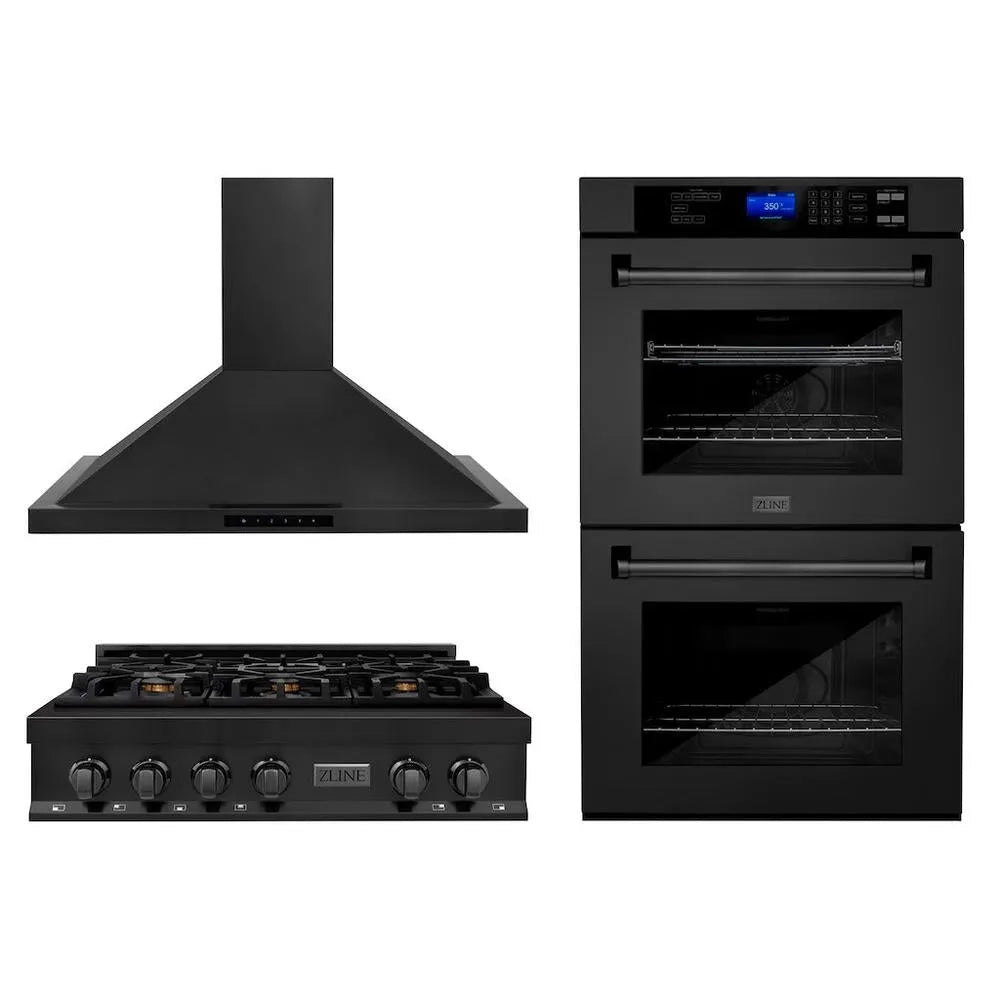 ZLINE Kitchen Package with 36 in. Black Stainless Steel Rangetop, 36 in. Convertible Range Hood and Double Wall Oven (3KP-RTBRH36-AWD) main image.