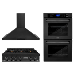 ZLINE Kitchen Package with 36 in. Black Stainless Steel Rangetop, 36 in. Convertible Range Hood and Double Wall Oven (3KP-RTBRH36-AWD) main image.