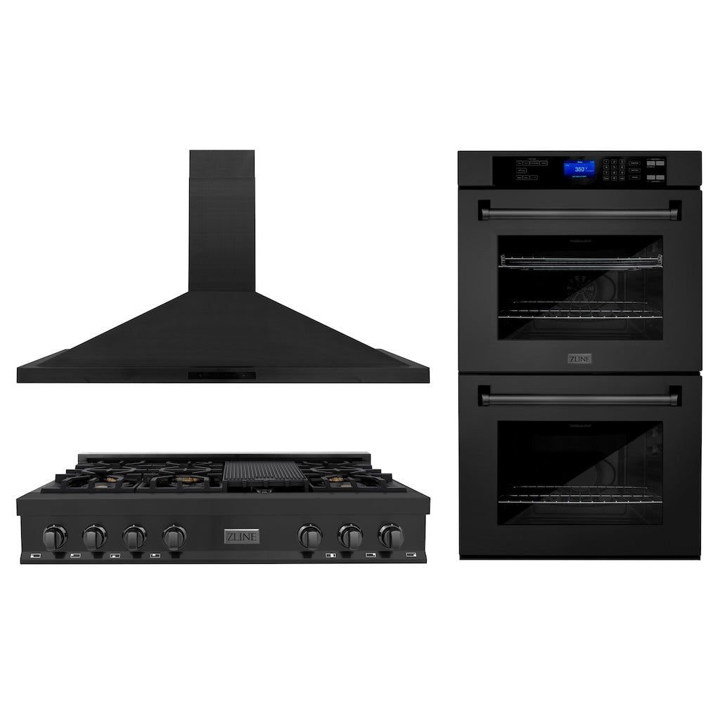 ZLINE Kitchen Package with 48 in. Black Stainless Steel Rangetop, 48 in. Convertible Range Hood and Double Wall Oven (3KP-RTBRH48-AWD)