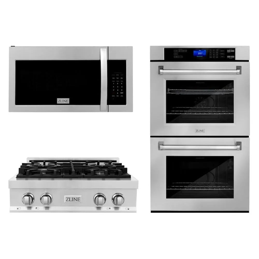 ZLINE Kitchen Package with 30 in. Stainless Steel Rangetop, 30 in. Over The Range Microwave with Modern Handle and Double Wall Oven (3KP-RTOTR30-AWD) main image.
