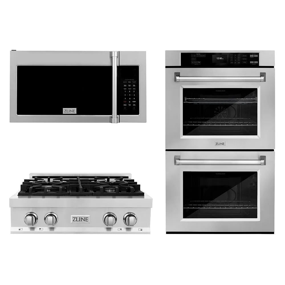 ZLINE Kitchen Package with 30 in. Stainless Steel Rangetop, 30 in. Over The Range Microwave with Traditional Handle and Double Wall Oven (3KP-RTOTRH30-AWD) main image.