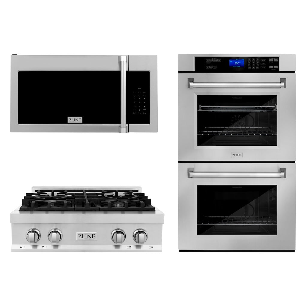 ZLINE Kitchen Package with 30 in. Stainless Steel Rangetop, 30 in. Over The Range Microwave with Traditional Handle and Double Wall Oven (3KP-RTOTRH30-AWD)