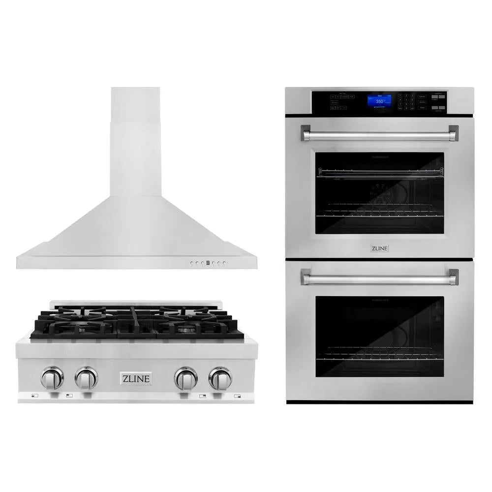 ZLINE Kitchen Package with 30 in. Stainless Steel Rangetop, 30 in. Convertible Range Hood and Double Wall Oven (3KP-RTRH30-AWD) main image.