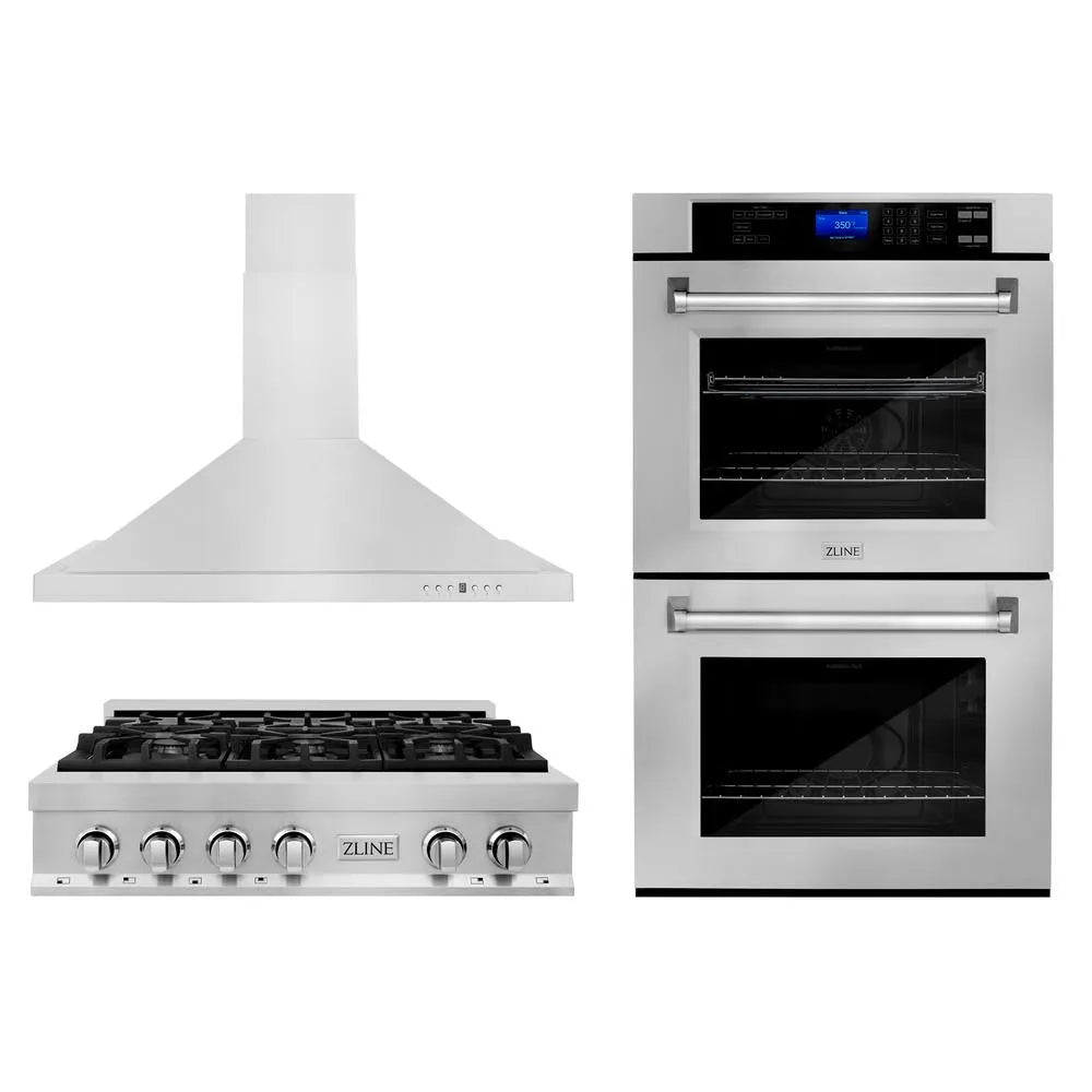 ZLINE Kitchen Package with 36 in. Stainless Steel Rangetop, 36 in. Convertible Range Hood and Double Wall Oven (3KP-RTRH36-AWD) main image.