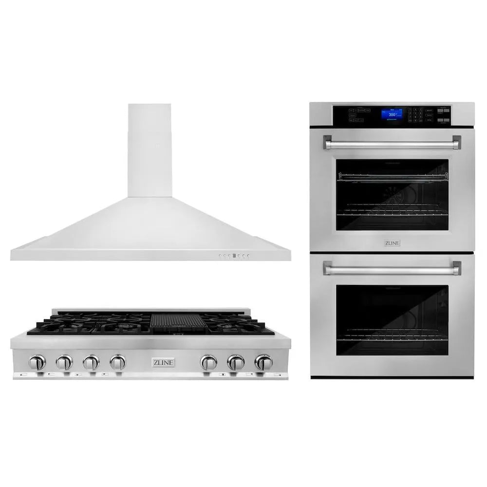 ZLINE Kitchen Package with 48 in. Stainless Steel Rangetop, 48 in. Convertible Range Hood and Double Wall Oven (3KP-RTRH48-AWD) main image.