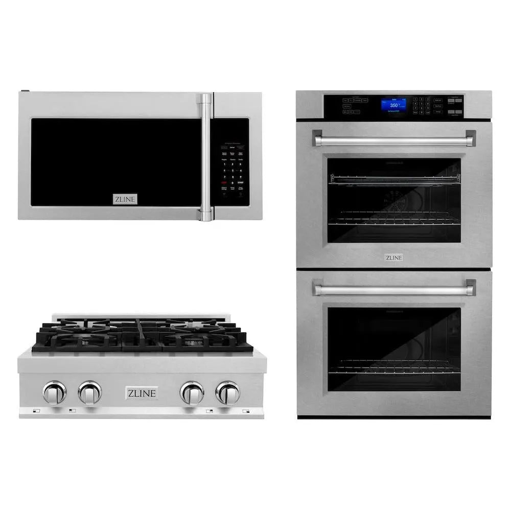 ZLINE Kitchen Package with 30 in. Satin Stainless Steel Rangetop, 30 in. Over The Range Microwave with Modern Handle and Double Wall Oven (3KP-RTSOTR30-AWD) main image.