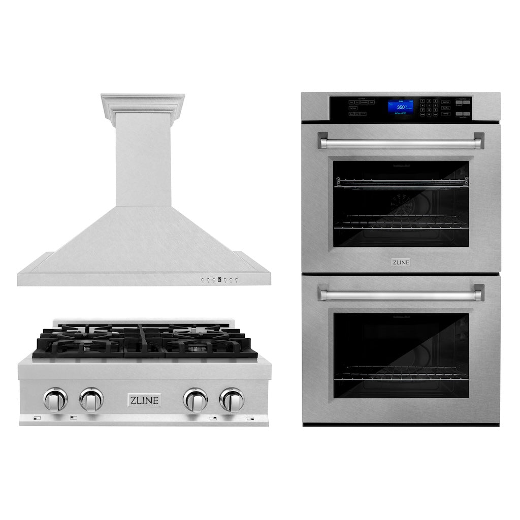 ZLINE Kitchen Package with 30 in. DuraSnow® Stainless Steel Rangetop, 30 in. Convertible Range Hood and Double Wall Oven (3KP-RTSRH30-AWD)