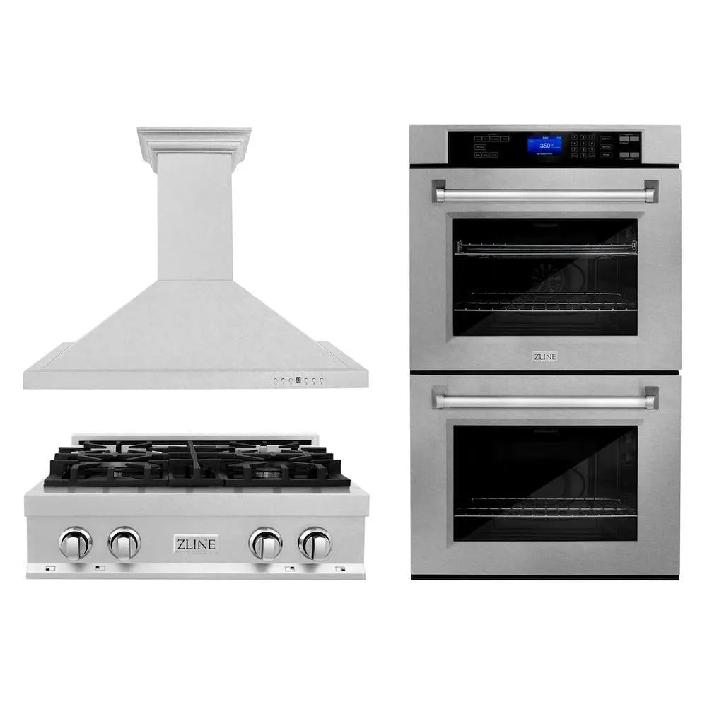 ZLINE Kitchen Package with 30 in. Satin Stainless Steel Rangetop, 30 in. Convertible Range Hood and Double Wall Oven (3KP-RTSRH30-AWD) main image.