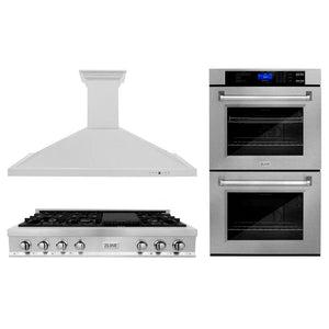 ZLINE Kitchen Package with 48 in. Satin Stainless Steel Rangetop, 48 in. Convertible Range Hood and Double Wall Oven main image.