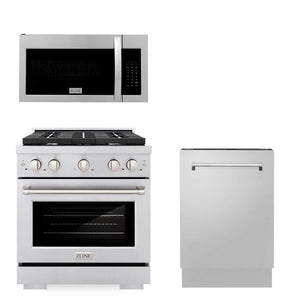 ZLINE 30 in. Kitchen Package with Stainless Steel Gas Range, Modern Over The Range Microwave and Tall Tub Dishwasher (3KP-SGROTR30-DWV)