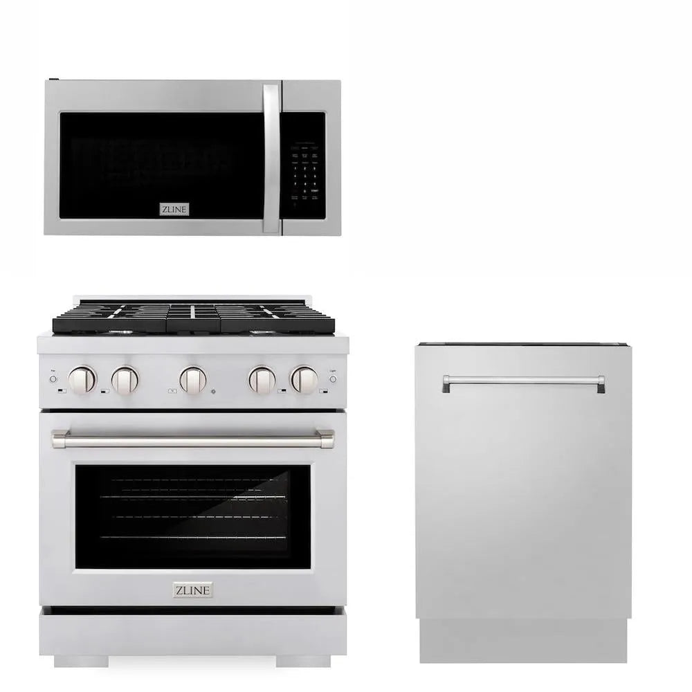 ZLINE 30 in. Kitchen Package with Stainless Steel Gas Range, Modern Over The Range Microwave and Tall Tub Dishwasher (3KP-SGROTR30-DWV) main image.