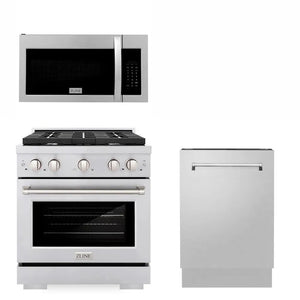 ZLINE 30 in. Kitchen Package with Stainless Steel Gas Range, Modern Over The Range Microwave and Tall Tub Dishwasher (3KP-SGROTR30-DWV) main image.