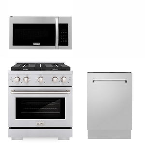 ZLINE 30 in. Kitchen Package with Stainless Steel Gas Range, Modern Over The Range Microwave and Tall Tub Dishwasher (3KP-SGROTR30-DWV) 