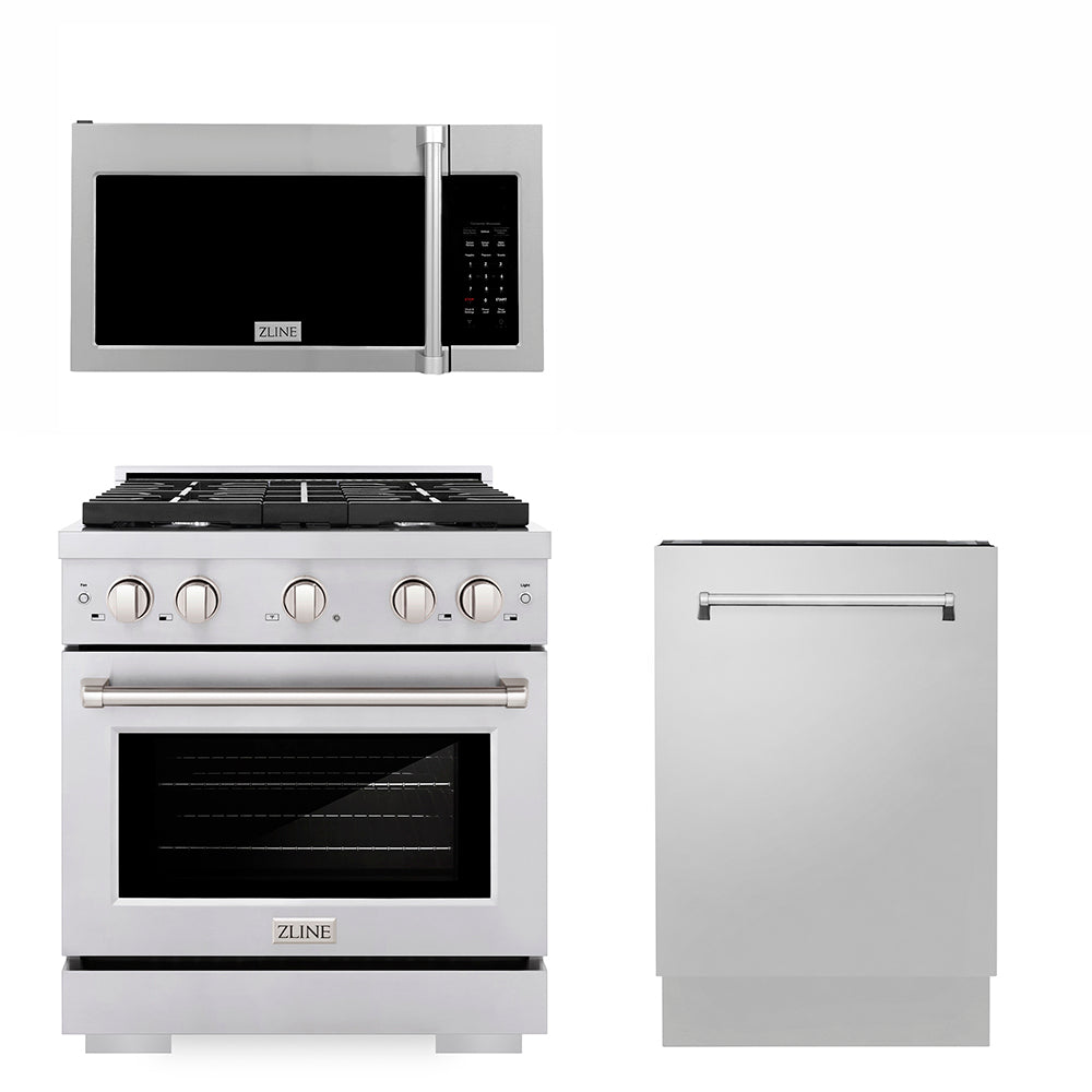 ZLINE 30 in. Kitchen Package with Stainless Steel GAs Range, Traditional Over The Range Microwave and Tall Tub Dishwasher (3KP-SGROTRH30-DWV)