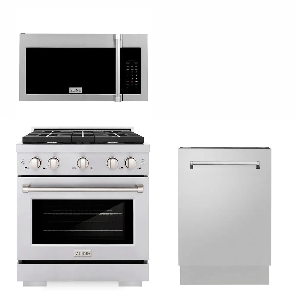 ZLINE 30 in. Kitchen Package with Stainless Steel Gas Range, Traditional Over The Range Microwave and Tall Tub Dishwasher (3KP-SGROTRH30-DWV) main image.