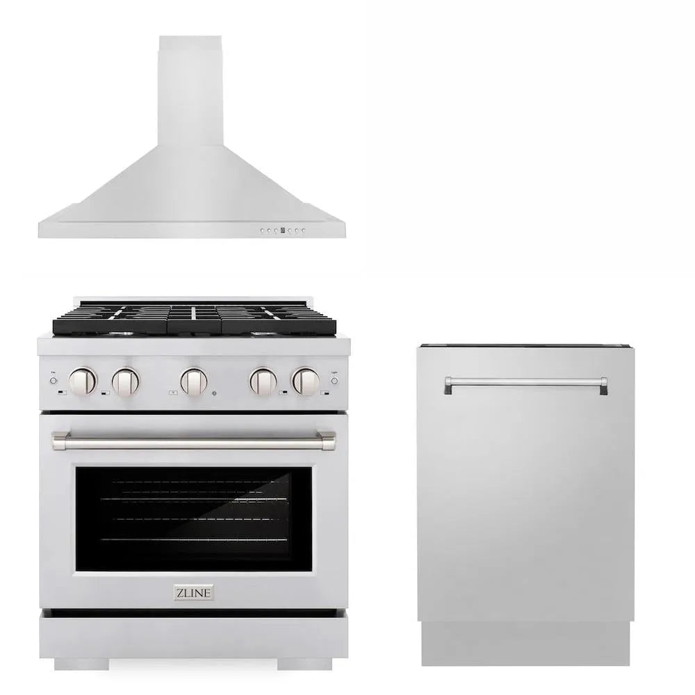 ZLINE 30 in. Kitchen Package with Stainless Steel Gas Range, Convertible Vent Range Hood and Tall Tub Dishwasher (3KP-SGRRH30-DWV) main image.