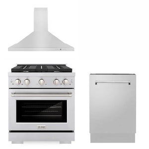 ZLINE 30 in. Kitchen Package with Stainless Steel Gas Range, Convertible Vent Range Hood and Tall Tub Dishwasher (3KP-SGRRH30-DWV) main image.