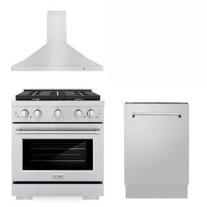 ZLINE 30 in. Kitchen Package with Stainless Steel Gas Range, Convertible Vent Range Hood and Tall Tub Dishwasher (3KP-SGRRH30-DWV) 