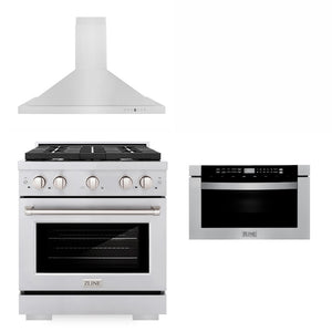 ZLINE 30 in. Kitchen Package with Stainless Steel Gas Range, Convertible Vent Range Hood and Microwave Drawer (3KP-SGRRH30-MW) 