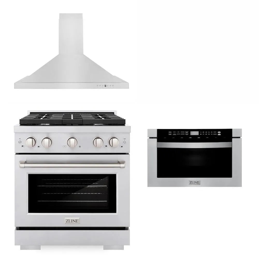 ZLINE 30 in. Kitchen Package with Stainless Steel Gas Range, Convertible Vent Range Hood and Microwave Drawer (3KP-SGRRH30-MW) main image.
