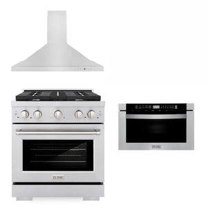 ZLINE 30 in. Kitchen Package with Stainless Steel Gas Range, Convertible Vent Range Hood and Microwave Drawer (3KP-SGRRH30-MW) main image.