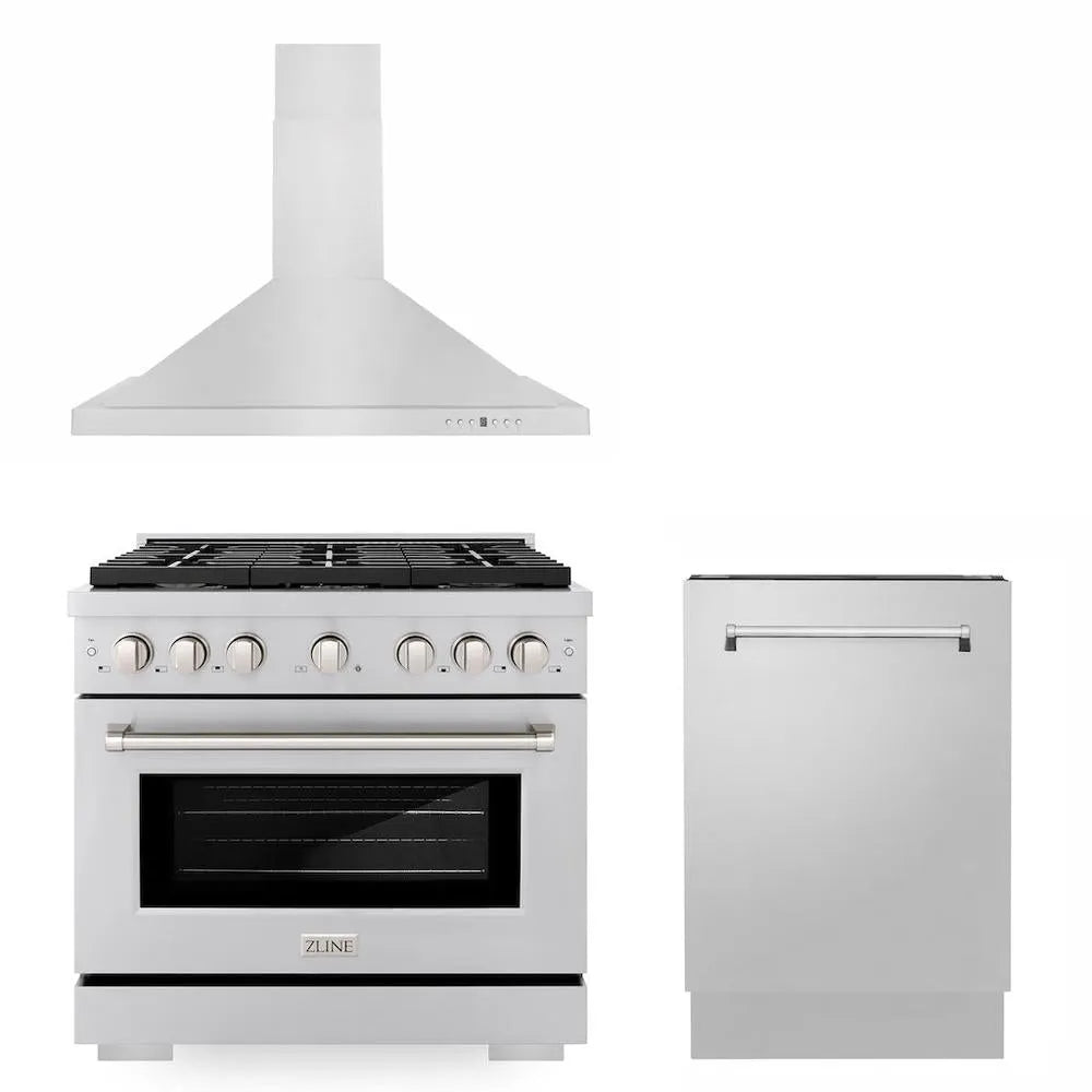 ZLINE 36 in. Kitchen Package with Stainless Steel Gas Range, Convertible Vent Range Hood and Tall Tub Dishwasher (3KP-SGRRH36-DWV) main image.