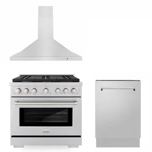 ZLINE 36 in. Kitchen Package with Stainless Steel Gas Range, Convertible Vent Range Hood and Tall Tub Dishwasher (3KP-SGRRH36-DWV) main image.