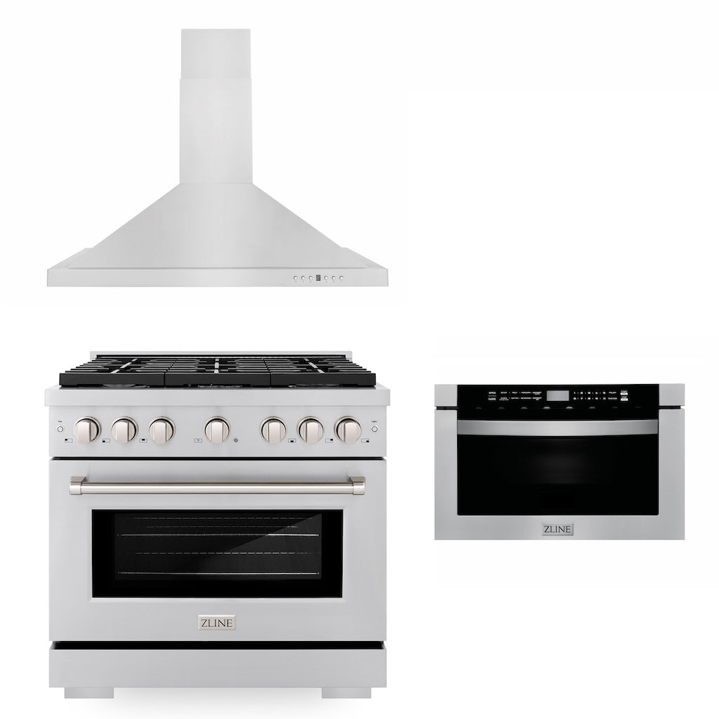 ZLINE 36 in. Kitchen Package with Stainless Steel Gas Range, Convertible Vent Range Hood and Microwave Drawer (3KP-SGRRH36-MW) 