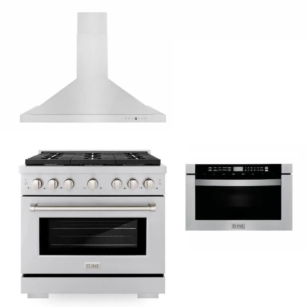ZLINE 36 in. Kitchen Package with Stainless Steel Gas Range, Convertible Vent Range Hood and Microwave Drawer (3KP-SGRRH36-MW) main image.