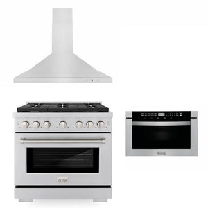 ZLINE 36 in. Kitchen Package with Stainless Steel Gas Range, Convertible Vent Range Hood and Microwave Drawer (3KP-SGRRH36-MW) main image.