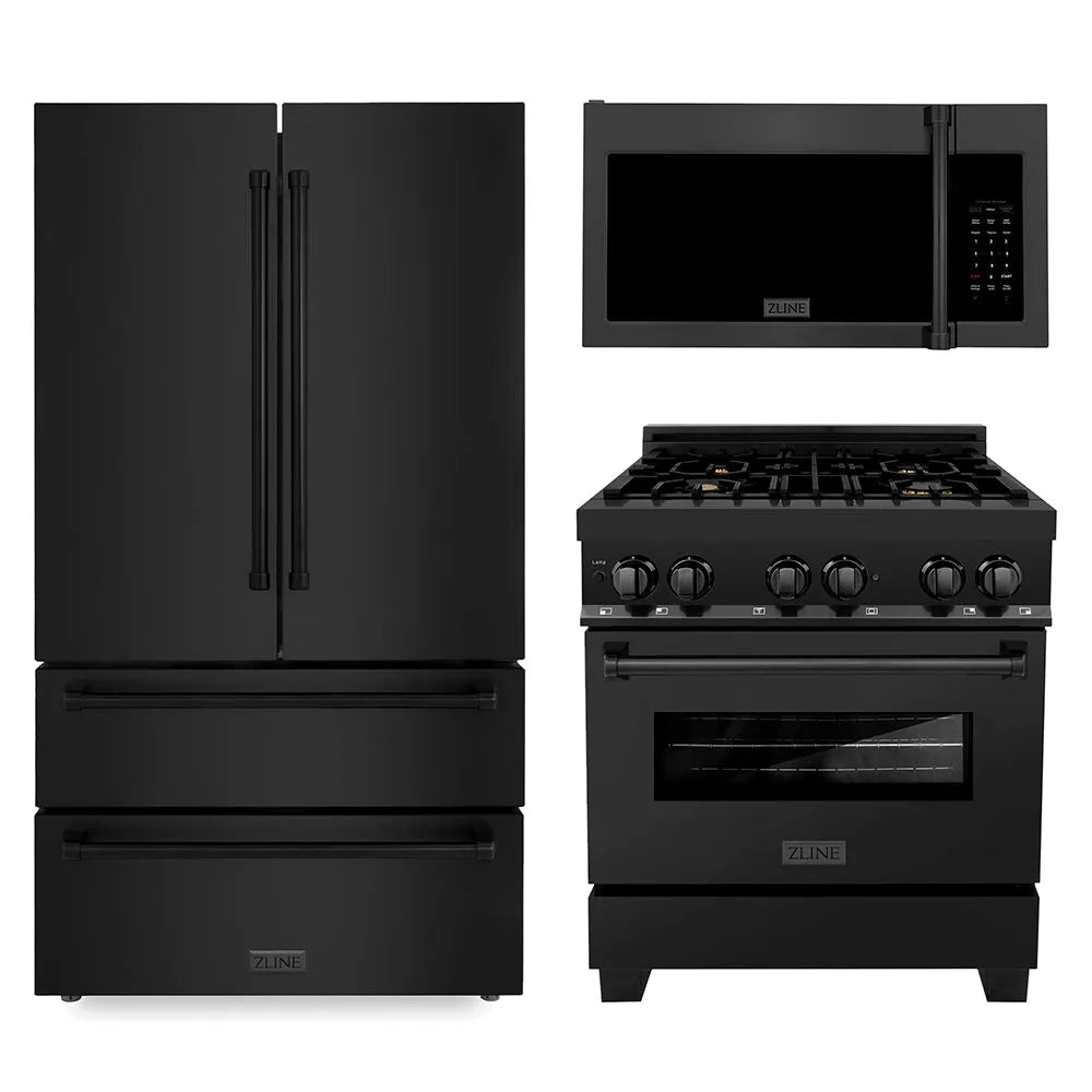 ZLINE Kitchen Package with Black Stainless Steel Refrigerator, 30 in. Dual Fuel Range and 30 in. Traditional Over the Range Microwave (3KPR-RABOTRH30) main image.