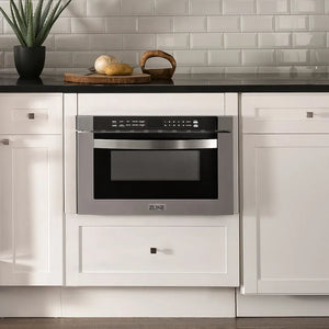 ZLINE 24 in. 1.2 cu. ft. Built-in Microwave Drawer in Stainless Steel (MWD-1) embedded in a kitchen with white cabinets and black countertop.