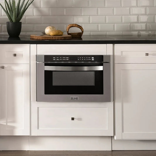 ZLINE 24 in. 1.2 cu. ft. Built-in Microwave Drawer in Stainless Steel (MWD-1) embedded in a kitchen with white cabinets and black countertop.