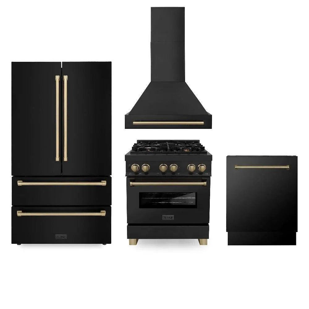 ZLINE Autograph Edition 30 in. Kitchen Package with Black Stainless Steel Dual Fuel Range, Range Hood, Dishwasher, and Refrigerator with External Water Dispenser with Champagne Bronze Accents (4AKPR-RABRHDWV30-CB) main image.