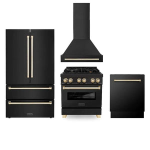 ZLINE Autograph Edition 30 in. Kitchen Package with Black Stainless Steel Dual Fuel Range, Range Hood, Dishwasher, and Refrigerator with External Water Dispenser with Polished Gold Accents (4AKPR-RABRHDWV30-G) main image.