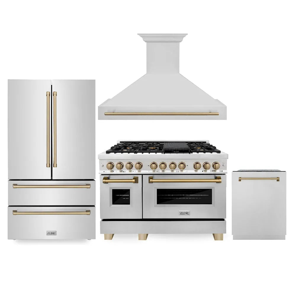 ZLINE Autograph Edition 48 in. Kitchen Package with Stainless Steel Dual Fuel Range, Range Hood, Dishwasher and Refrigeration with Champagne Bronze Accents main image.