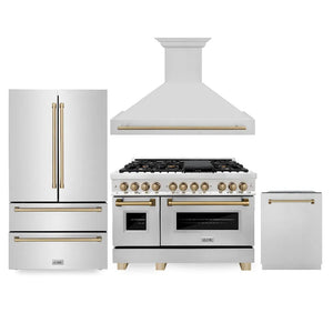 ZLINE Autograph Edition 48 in. Kitchen Package with Stainless Steel Dual Fuel Range, Range Hood, Dishwasher and Refrigeration with Champagne Bronze Accents main image.