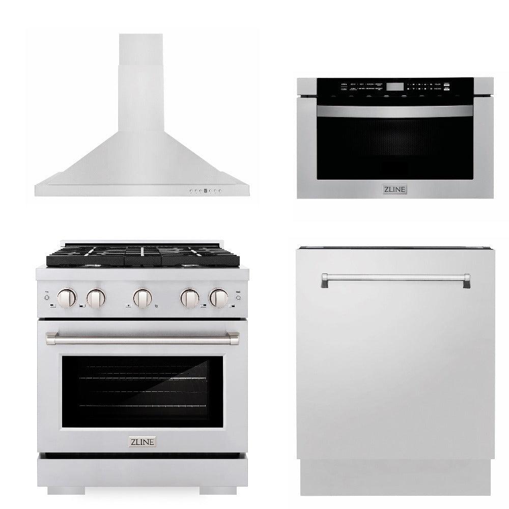 ZLINE 30 in. Kitchen Package with Stainless Steel Gas Range, Range Hood, Microwave Drawer and Tall Tub Dishwasher (4KP-SGRRH30-MWDWV) front.