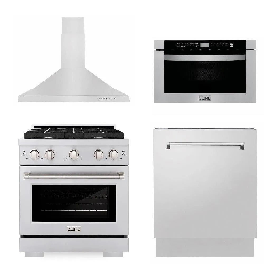 ZLINE 30 in. Kitchen Package with Stainless Steel Gas Range, Range Hood, Microwave Drawer and Tall Tub Dishwasher (4KP-SGRRH30-MWDWV) main image.