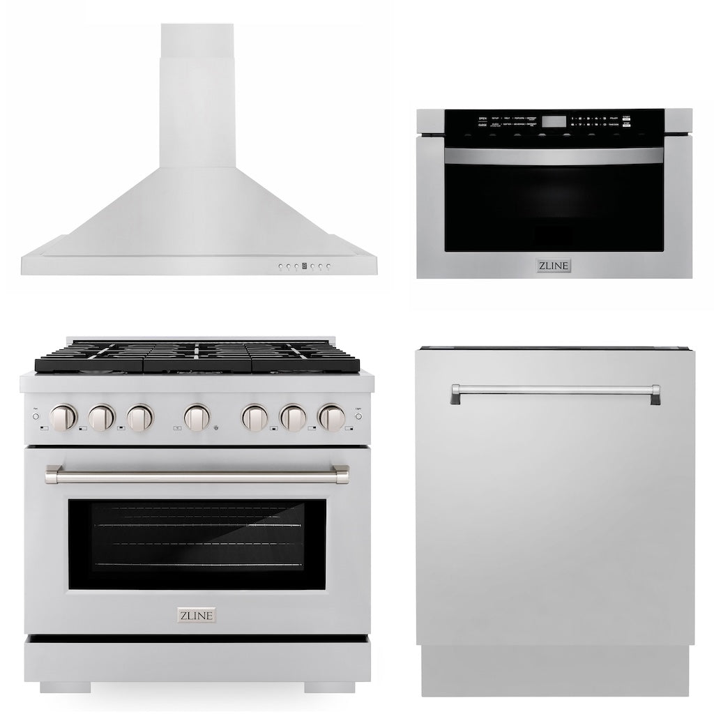 ZLINE 36 in. Kitchen Package with Stainless Steel Gas Range, Range Hood, Microwave Drawer and Tall Tub Dishwasher (4KP-SGRRH36-MWDWV) 