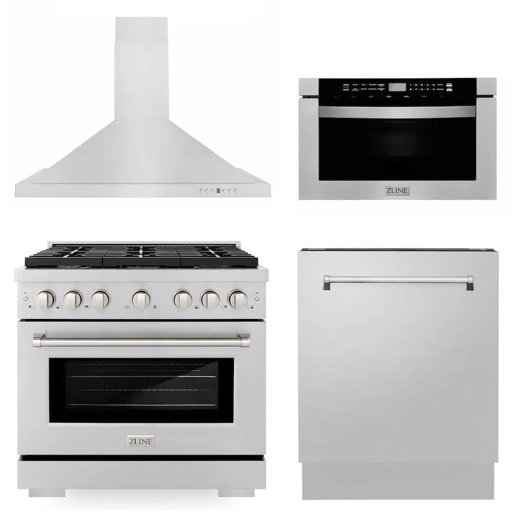 ZLINE 36 in. Kitchen Package with Stainless Steel Gas Range, Range Hood, Microwave Drawer and Tall Tub Dishwasher (4KP-SGRRH36-MWDWV) main image.