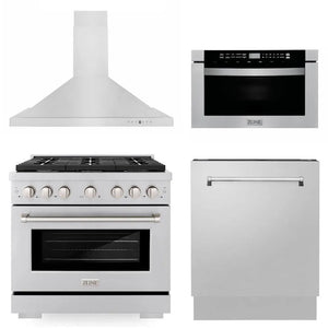 ZLINE 36 in. Kitchen Package with Stainless Steel Gas Range, Range Hood, Microwave Drawer and Tall Tub Dishwasher (4KP-SGRRH36-MWDWV) main image.