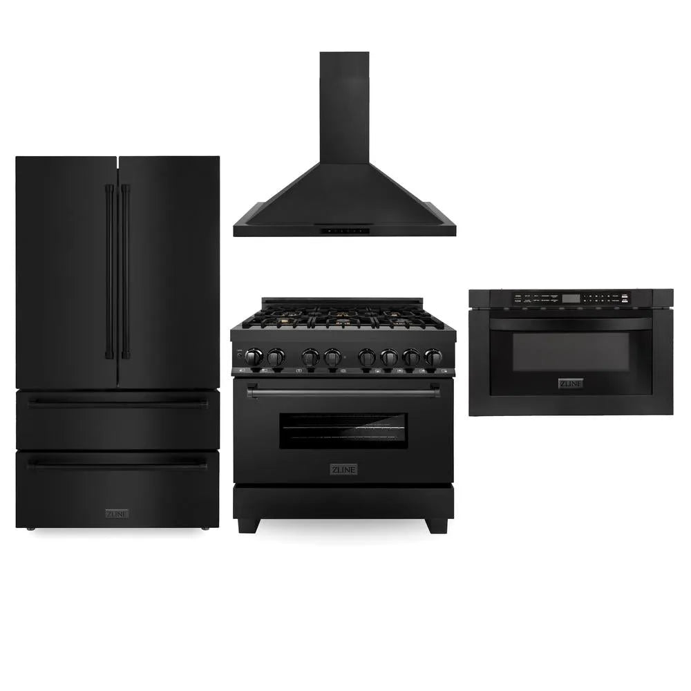 ZLINE Kitchen Package with Black Stainless Steel Refrigerator, 36 in. Dual Fuel Range, Range Hood, and Microwave Drawer (4KPR-RABRH36-MW) main image.
