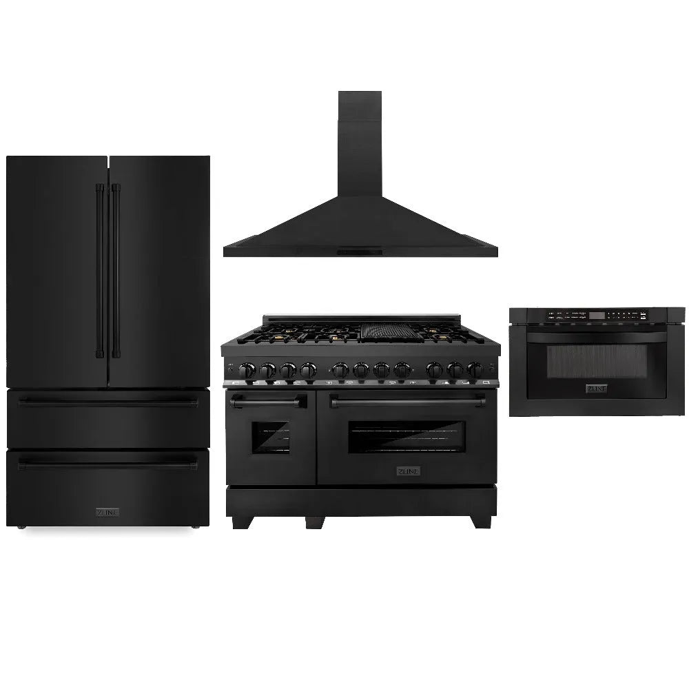 ZLINE Kitchen Package with Black Stainless Steel Refrigerator, 48 in. Dual Fuel Range, Range Hood, and Microwave Drawer (4KPR-RABRH48-MW) main image.