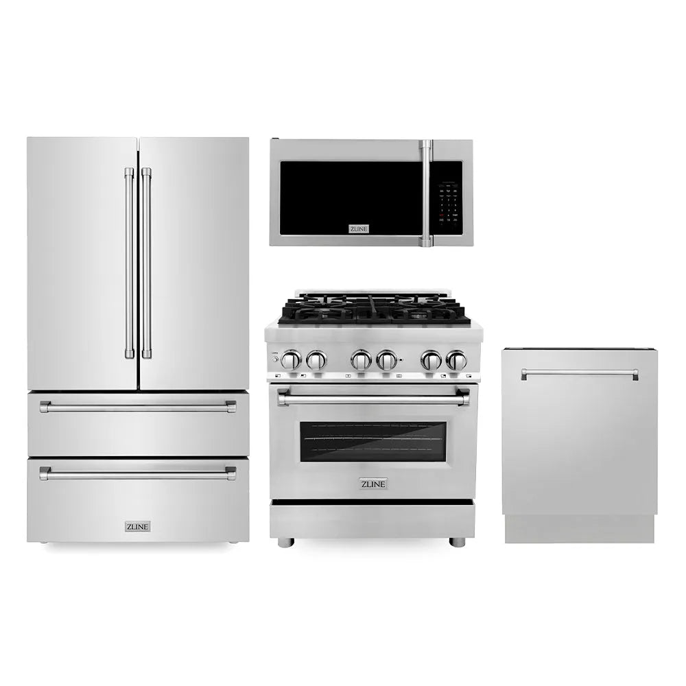 ZLINE Kitchen Package with Refrigerator, 30 in. Stainless Steel Dual Fuel Range, 30 in. Traditional Over-the-Range Microwave and 24 in. Tall Tub Dishwasher (4KPR-RAOTRH30-DWV) main image.