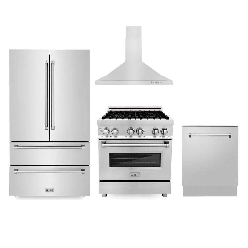 ZLINE Kitchen Package with Refrigerator, 30 in. Stainless Steel Dual Fuel Range, 30 in. Convertible Vent Range Hood and 24 in. Tall Tub Dishwasher (4KPR-RARH30-DWV) main image.