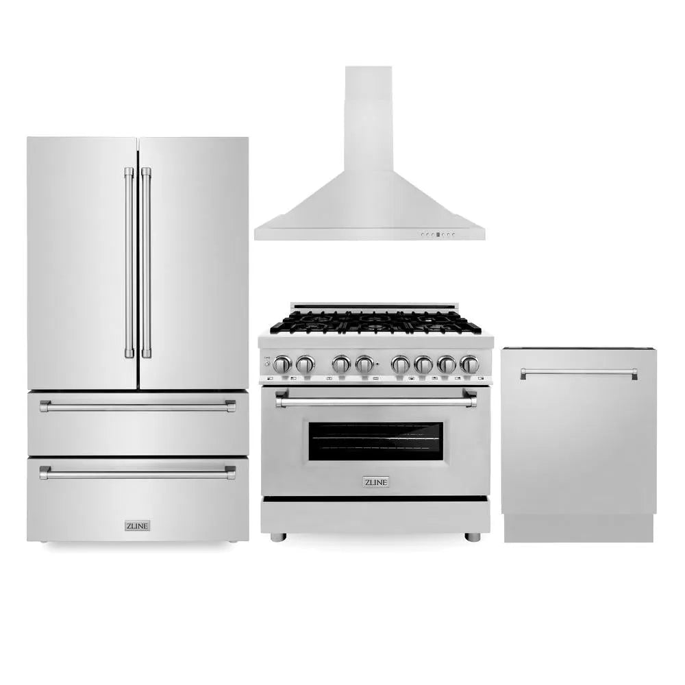 ZLINE Kitchen Package with Refrigerator, 36 in. Stainless Steel Dual Fuel Range, 36 in. Convertible Vent Range Hood and 24 in. Tall Tub Dishwasher (4KPR-RARH36-DWV) main image.