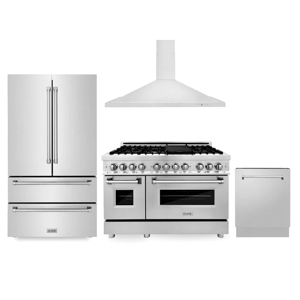 ZLINE Kitchen Package with Refrigerator, 48 in. Stainless Steel Dual Fuel Range, 48 in. Convertible Vent Range Hood and 24 in. Tall Tub Dishwasher (4KPR-RARH48-DWV) main image.